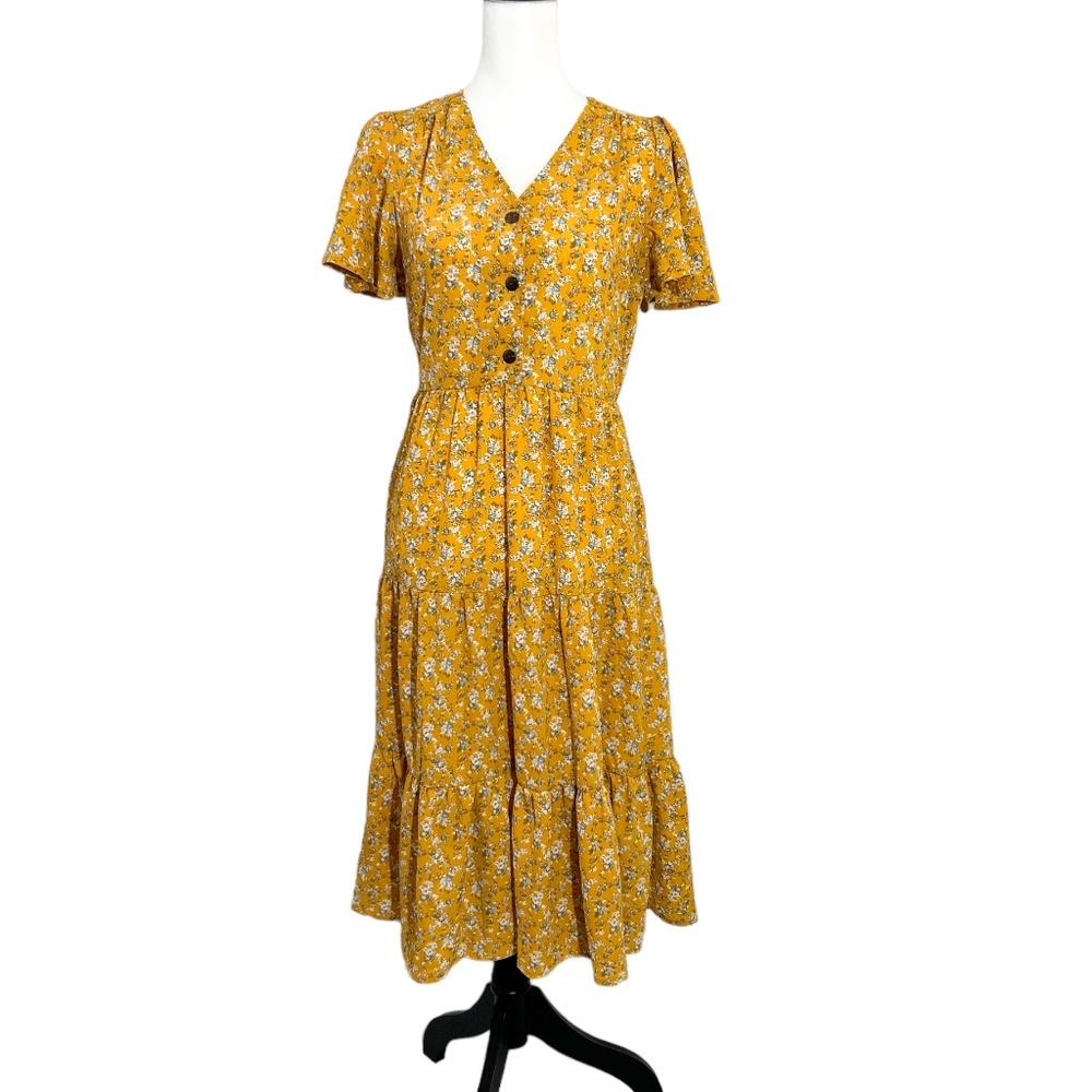 Monteau Yellow Floral Button-Up Midi Dress